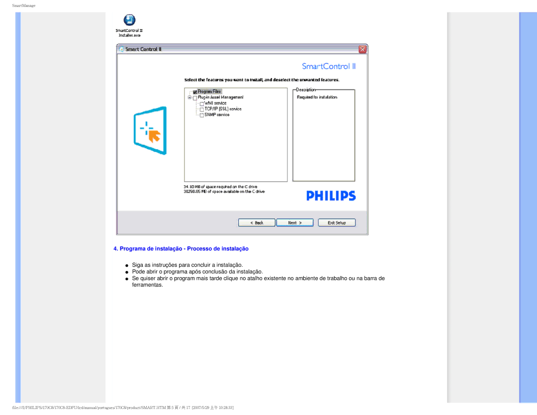 Philips 170C8-EDFU user manual Programa de instalação Processo de instalação 