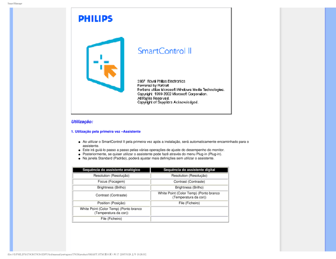 Philips 170C8-EDFU user manual Utilização pela primeira vez -Assistente 