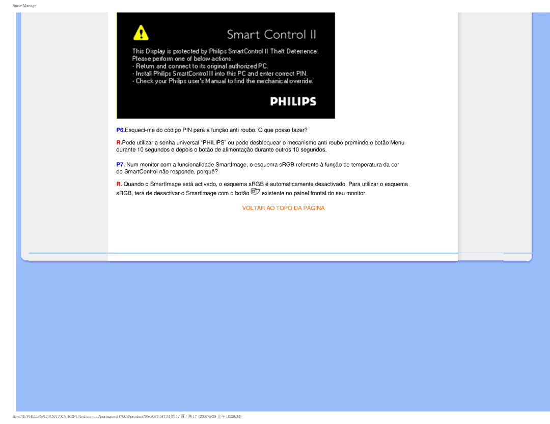 Philips 170C8-EDFU user manual Voltar AO Topo DA Página 