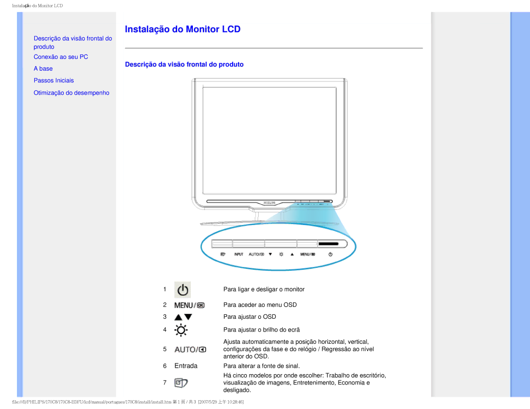 Philips 170C8-EDFU user manual Instalação do Monitor LCD 