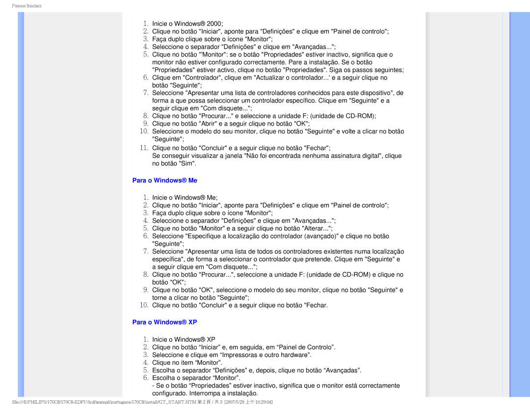 Philips 170C8-EDFU user manual Para o Windows Me 