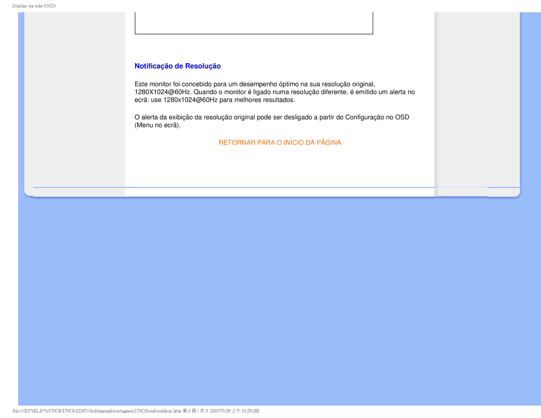 Philips 170C8-EDFU user manual Notificação de Resolução 