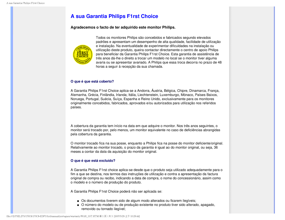 Philips 170C8-EDFU user manual Sua Garantia Philips F1rst Choice, Agradecemos o facto de ter adquirido este monitor Philips 