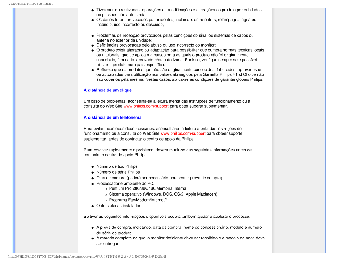 Philips 170C8-EDFU user manual Distância de um clique Distância de um telefonema 