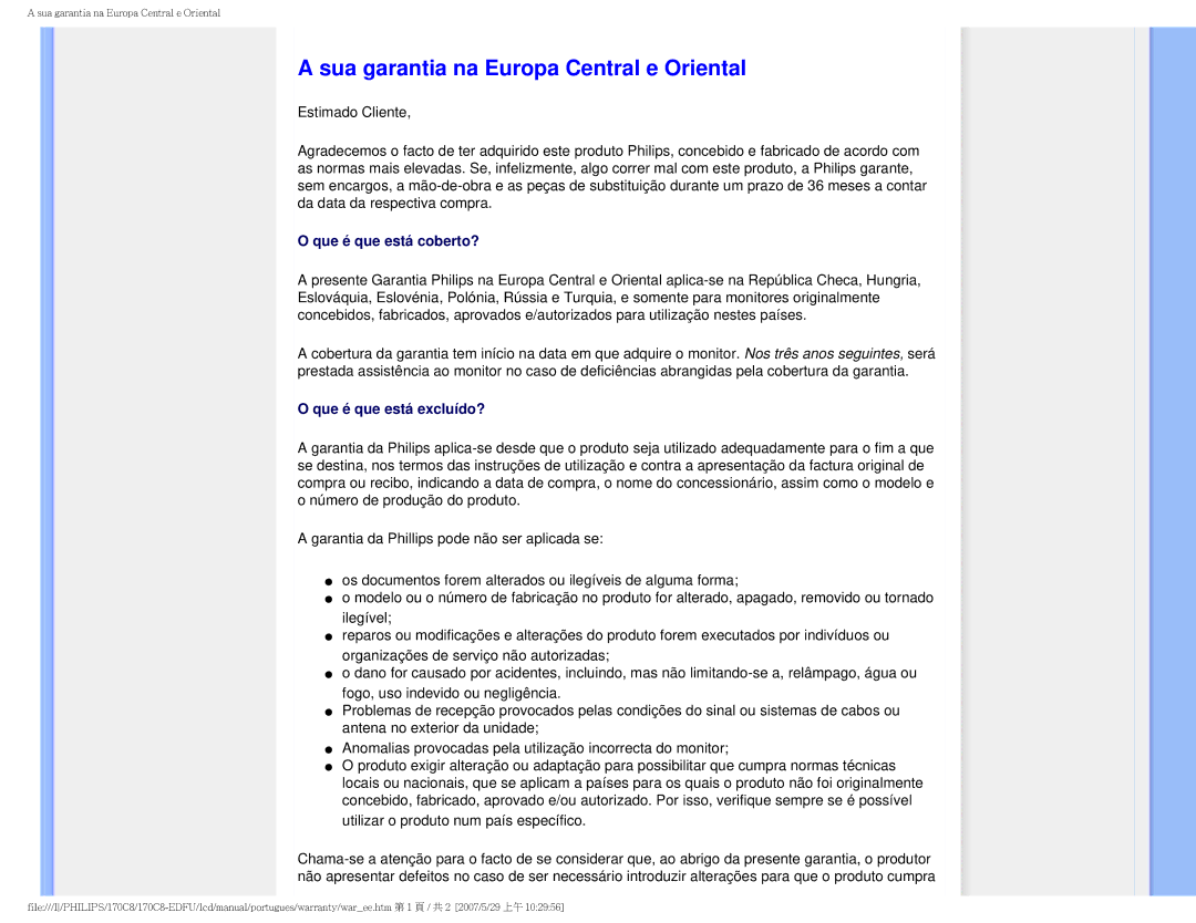 Philips 170C8-EDFU user manual Sua garantia na Europa Central e Oriental 