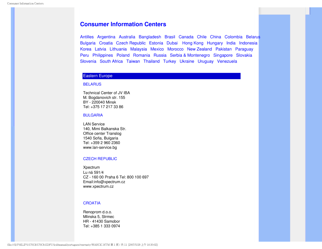 Philips 170C8-EDFU user manual Consumer Information Centers, Belarus, Bulgaria, Czech Republic, Croatia 