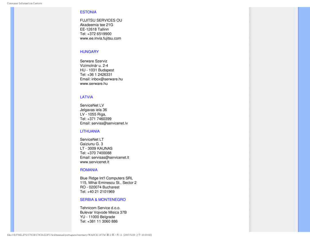 Philips 170C8-EDFU user manual Estonia, Hungary, Latvia, Lithuania, Romania, Serbia & Montenegro 