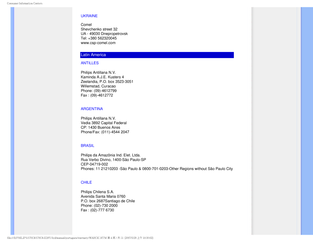 Philips 170C8-EDFU user manual Ukraine, Antilles, Argentina, Brasil, Chile 