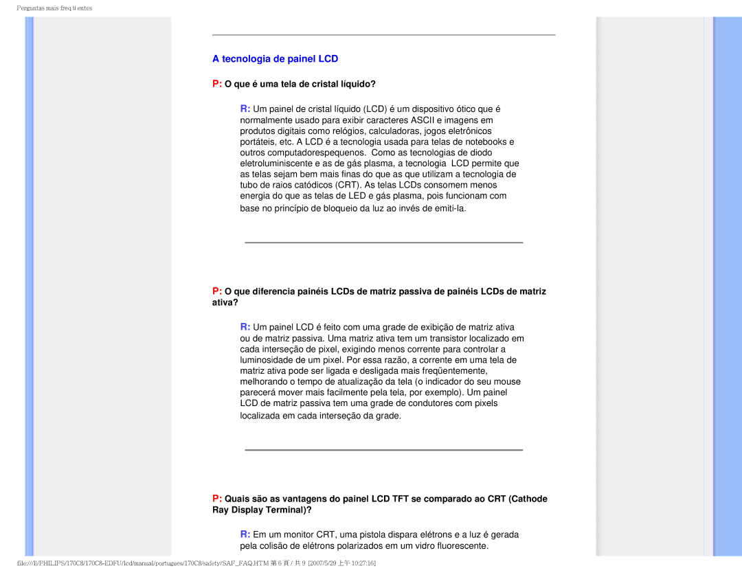 Philips 170C8-EDFU user manual Tecnologia de painel LCD, Que é uma tela de cristal líquido? 