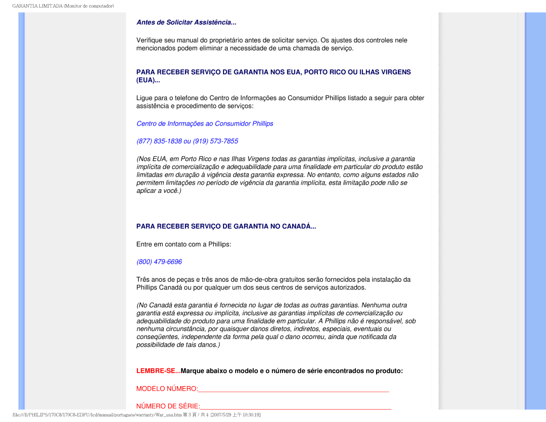 Philips 170C8-EDFU user manual Antes de Solicitar Assistência 