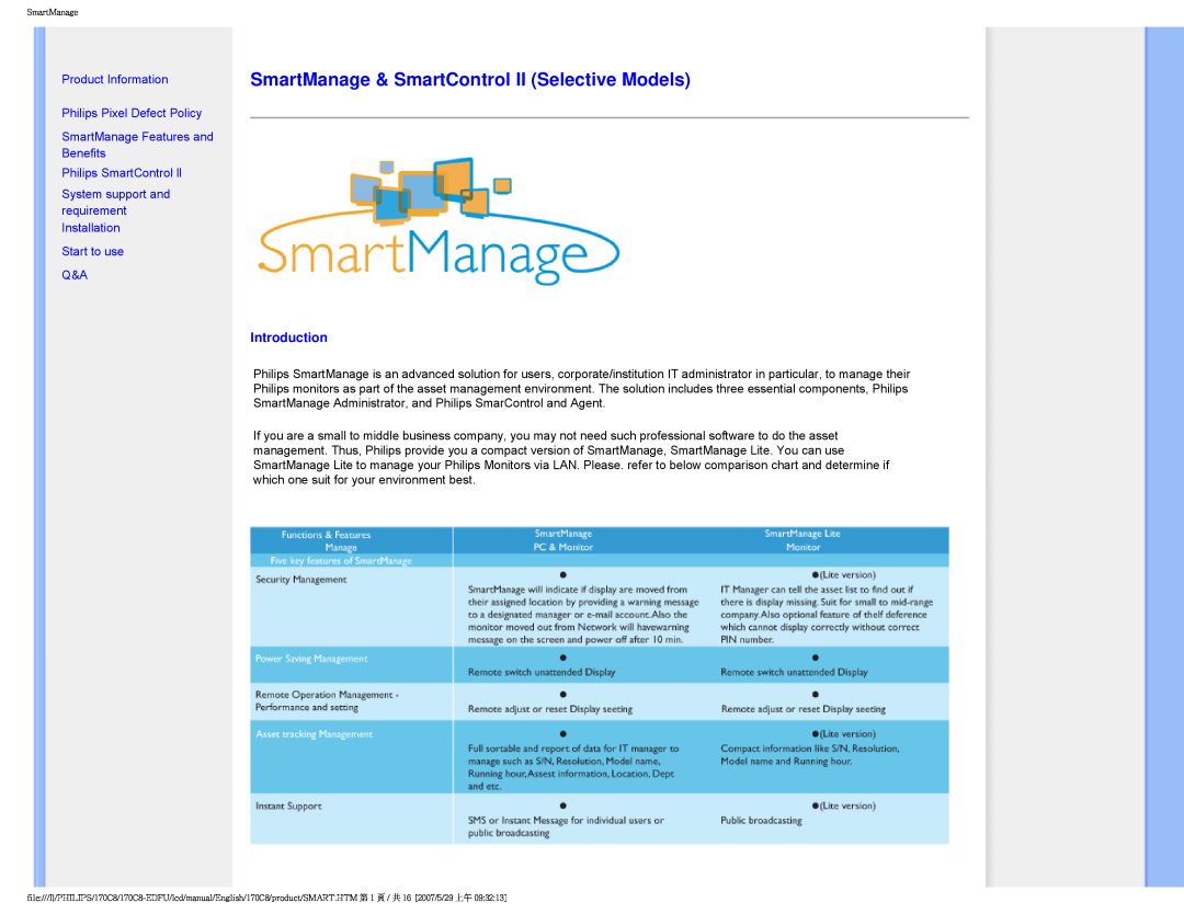 Philips 170C8 user manual SmartManage & SmartControl II Selective Models, Introduction 