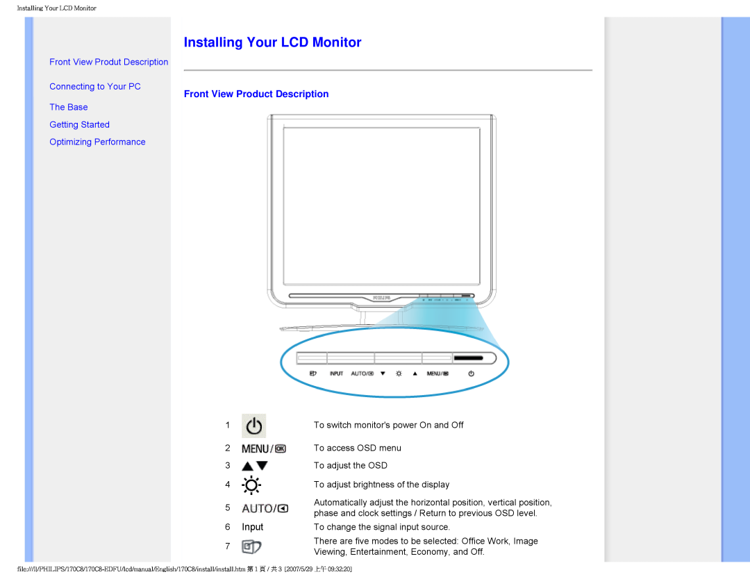 Philips 170C8 Installing Your LCD Monitor, Front View Product Description, Getting Started Optimizing Performance 