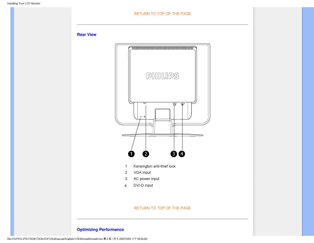 Philips 170C8 user manual Rear View, Optimizing Performance, Return To Top Of The Page, Installing Your LCD Monitor 