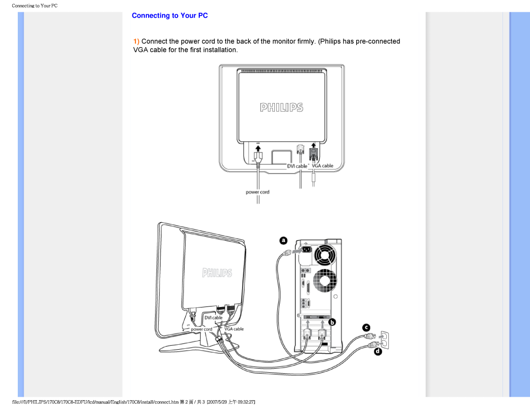 Philips 170C8 user manual Connecting to Your PC 