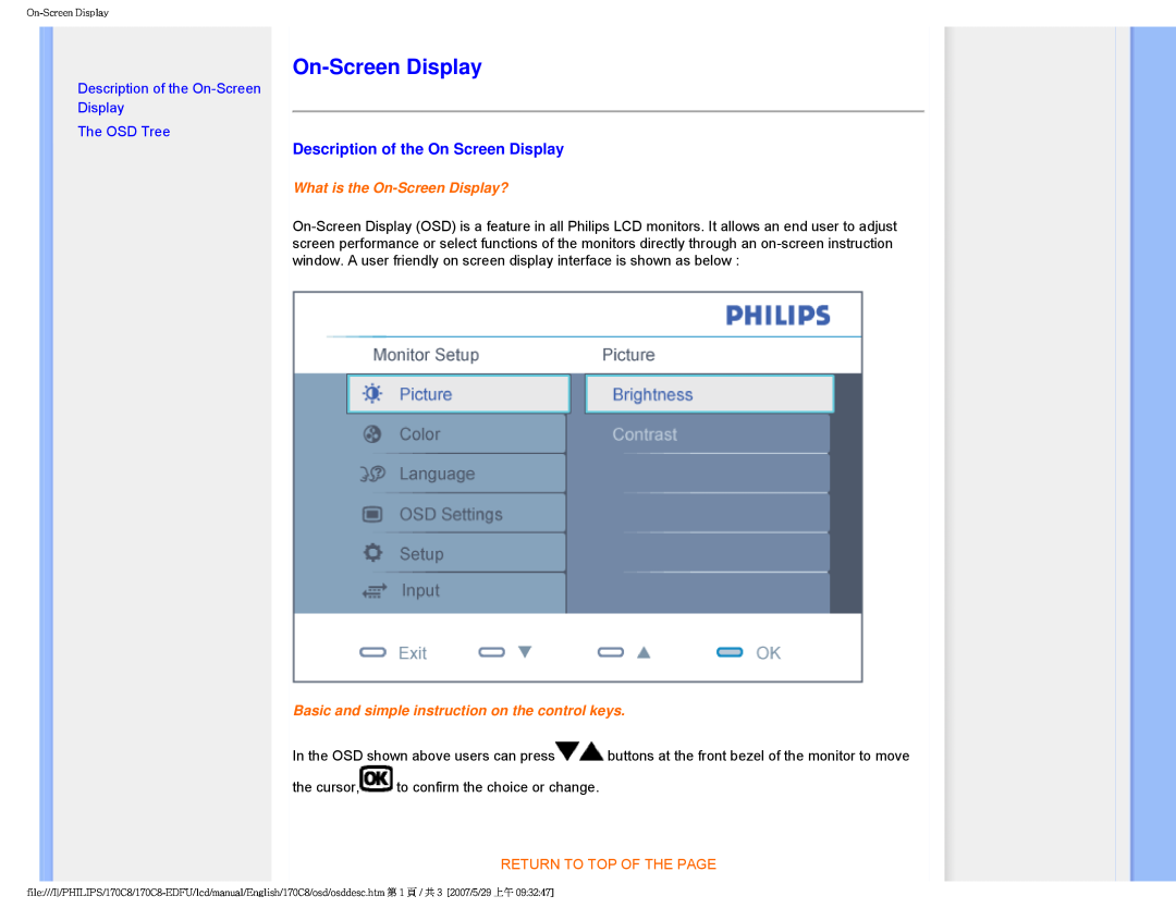 Philips 170C8 user manual Description of the On Screen Display, Description of the On-Screen Display The OSD Tree 