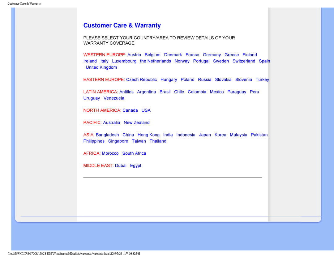 Philips 170C8 user manual Customer Care & Warranty, NORTH AMERICA Canada USA, MIDDLE EAST Dubai Egypt, Warranty Coverage 