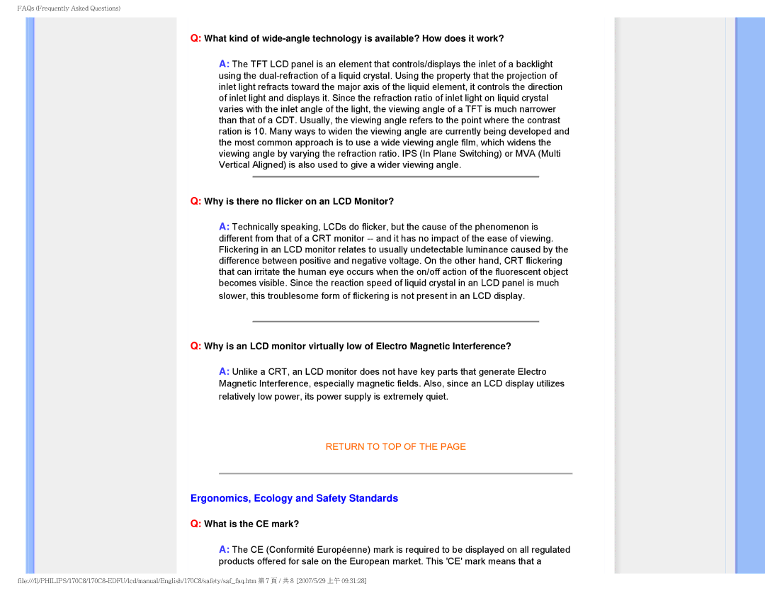Philips 170C8 Ergonomics, Ecology and Safety Standards, Why is there no flicker on an LCD Monitor?, What is the CE mark? 