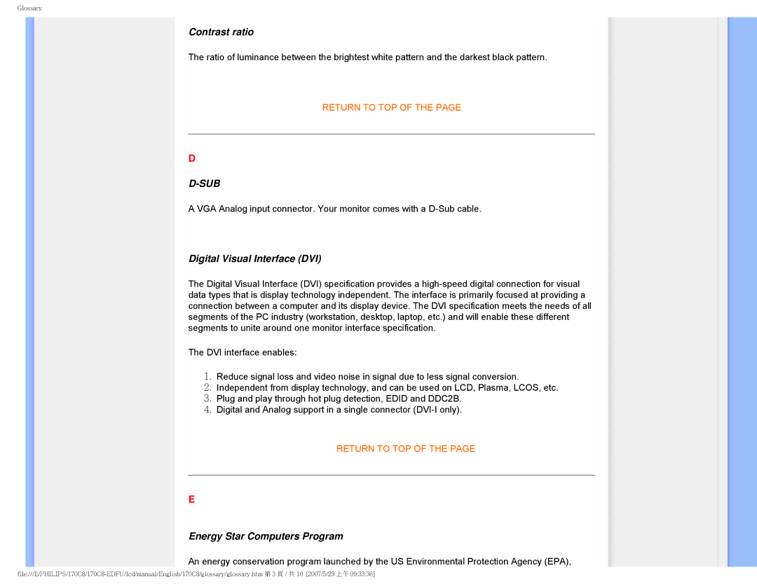 Philips 170C8 user manual Contrast ratio, Digital Visual Interface DVI, Energy Star Computers Program 