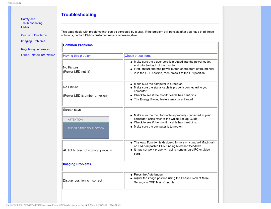 Philips 170C8 user manual Troubleshooting 