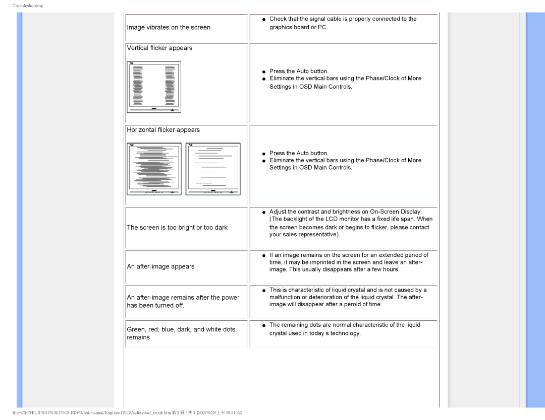 Philips 170C8 user manual Image vibrates on the screen 