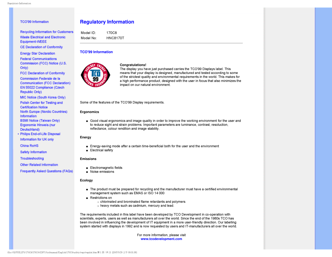 Philips 170C8 user manual Regulatory Information, TCO99 Information 