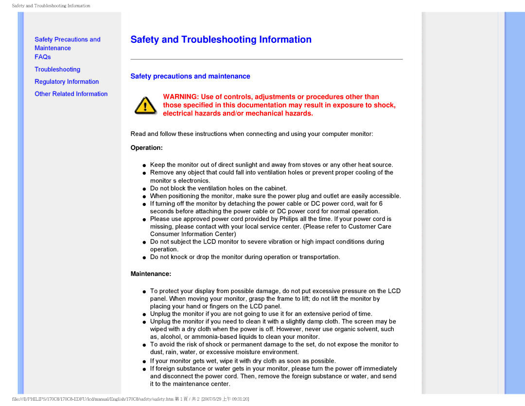 Philips 170C8 Safety and Troubleshooting Information, Safety precautions and maintenance, Operation, Maintenance 