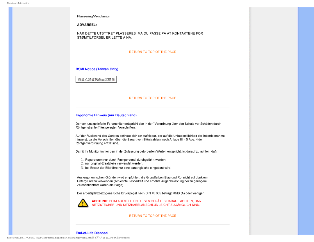 Philips 170C8 user manual Bsmi Notice Taiwan Only, Ergonomie Hinweis nur Deutschland, End-of-Life Disposal 