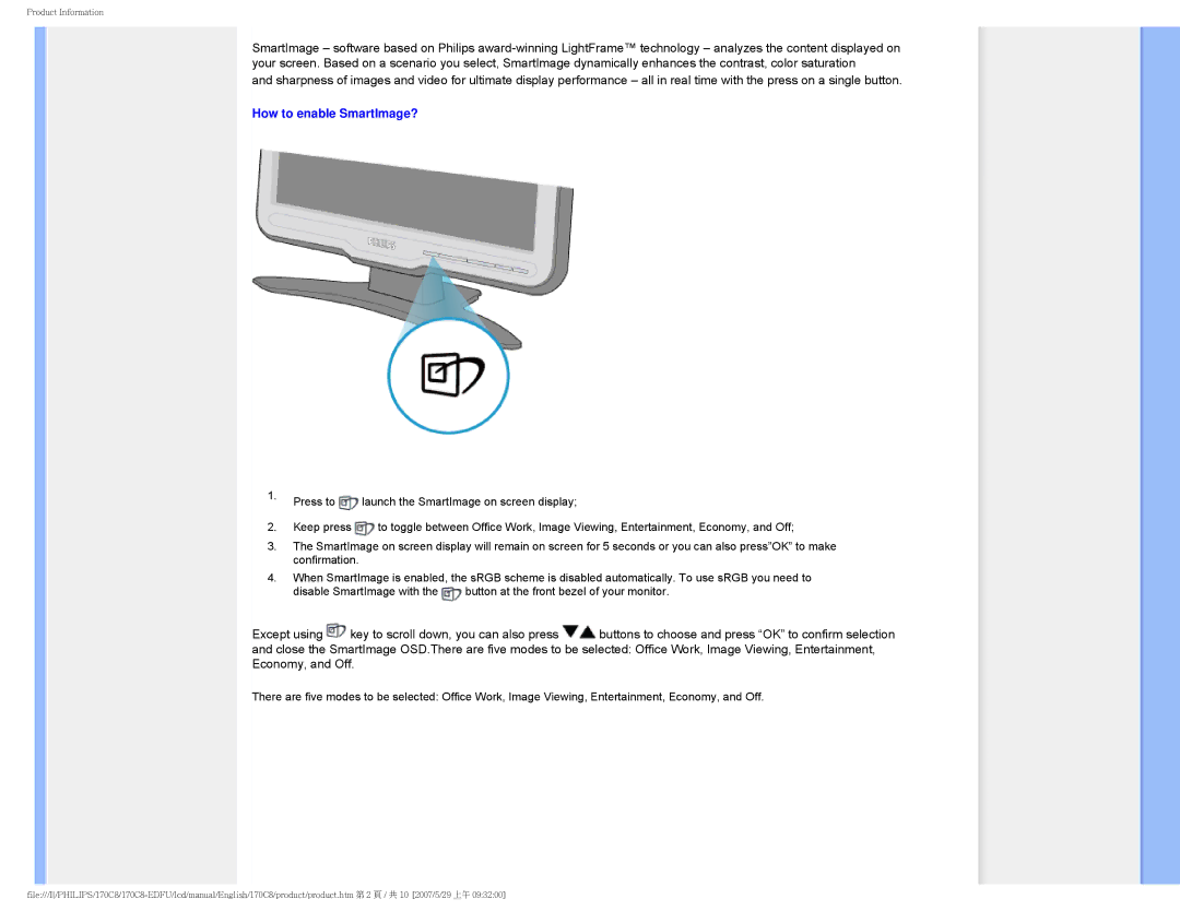 Philips 170C8 user manual How to enable SmartImage? 