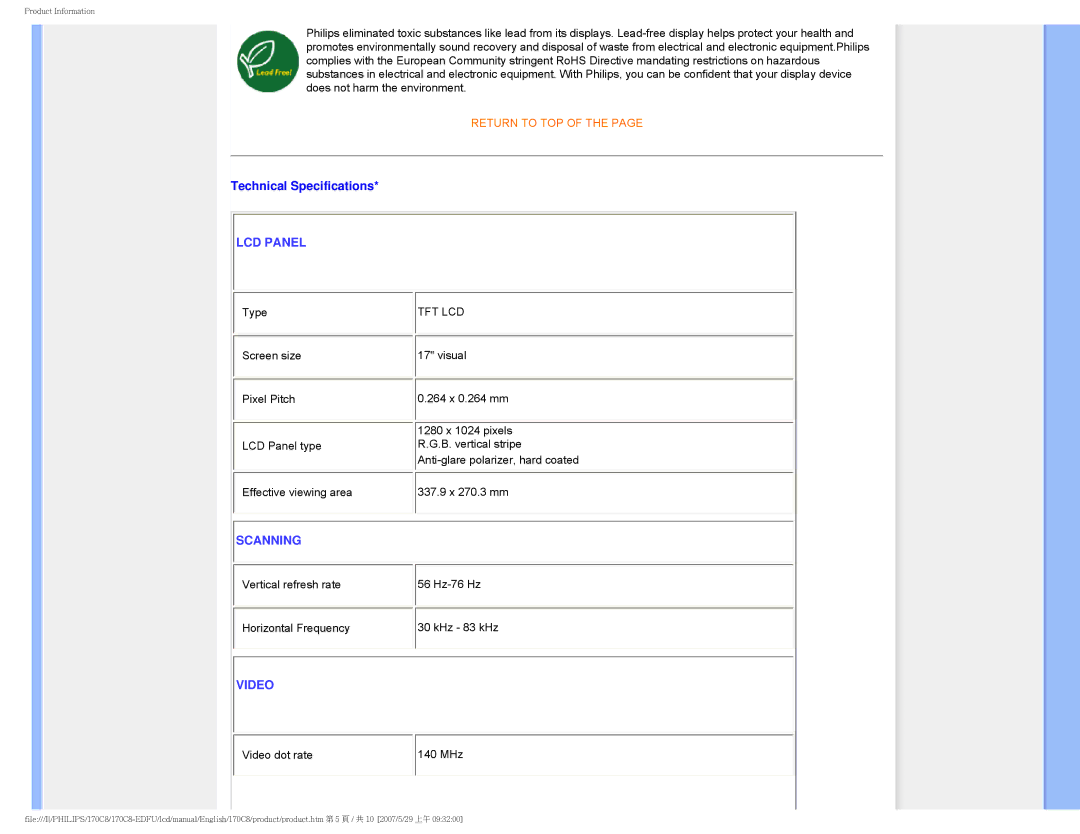 Philips 170C8 user manual Technical Specifications, LCD Panel 