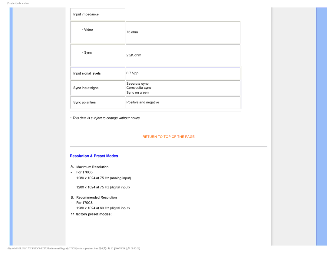 Philips 170C8 user manual Resolution & Preset Modes, Factory preset modes 