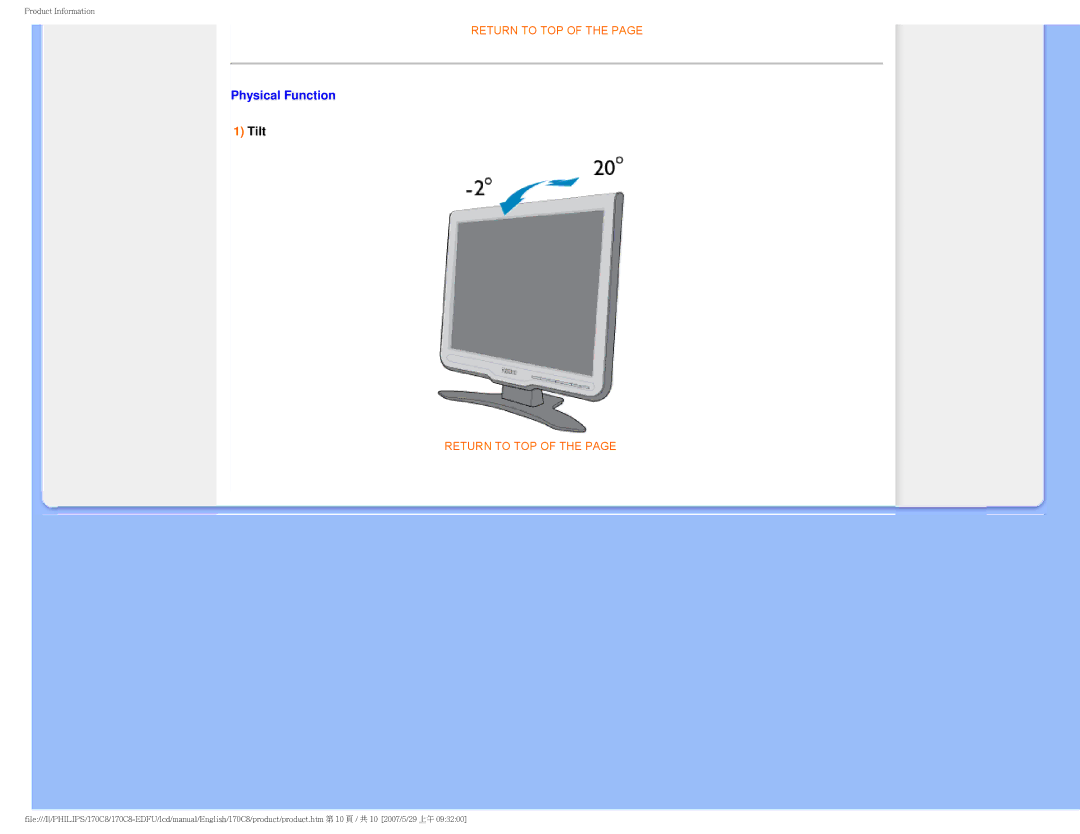 Philips 170C8 user manual Physical Function, Tilt 