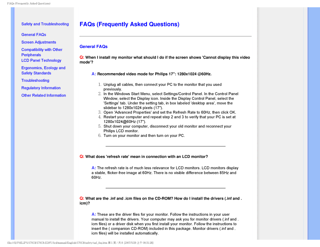 Philips 170C8 user manual FAQs Frequently Asked Questions, General FAQs 