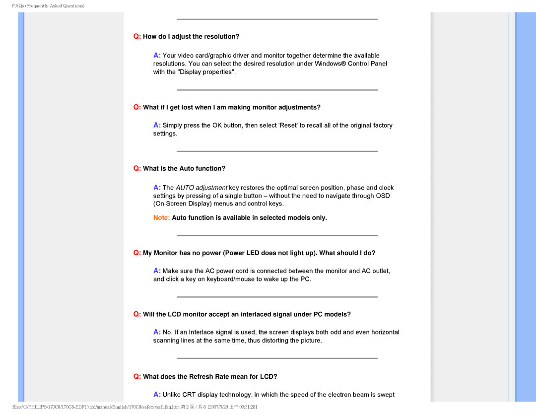 Philips 170C8 user manual How do I adjust the resolution?, What if I get lost when I am making monitor adjustments? 