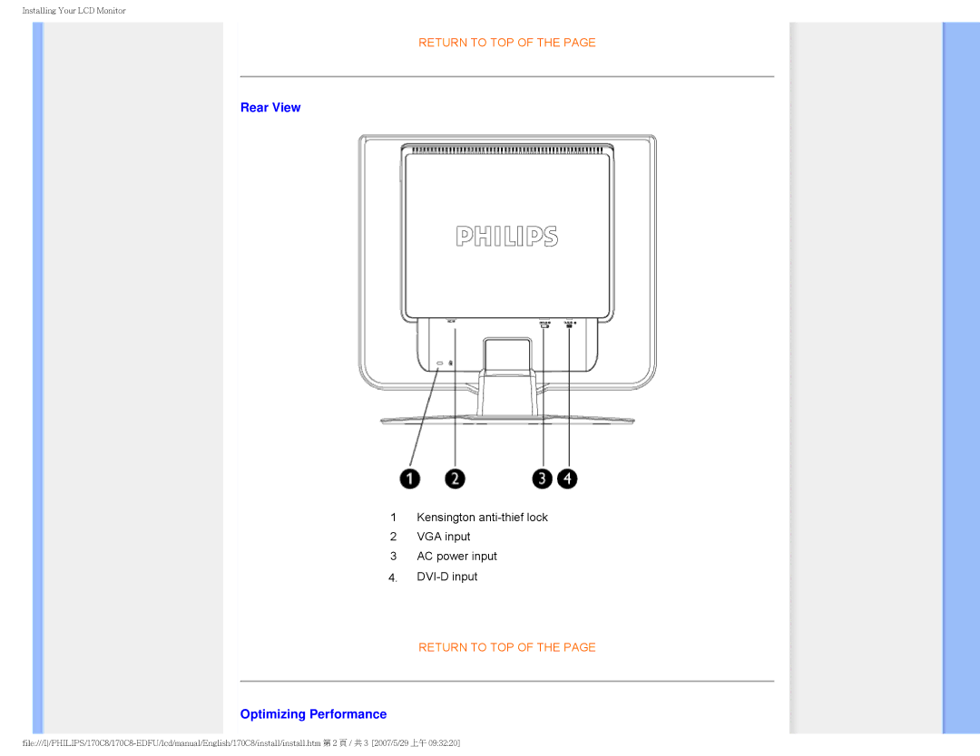 Philips 170C8 user manual Rear View, Optimizing Performance 