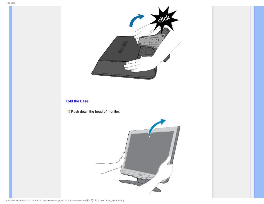 Philips 170C8 user manual Fold the Base, Push down the head of monitor 