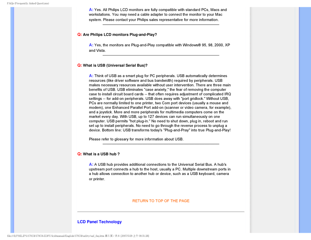 Philips 170C8 user manual LCD Panel Technology, Are Philips LCD monitors Plug-and-Play?, What is USB Universal Serial Bus? 