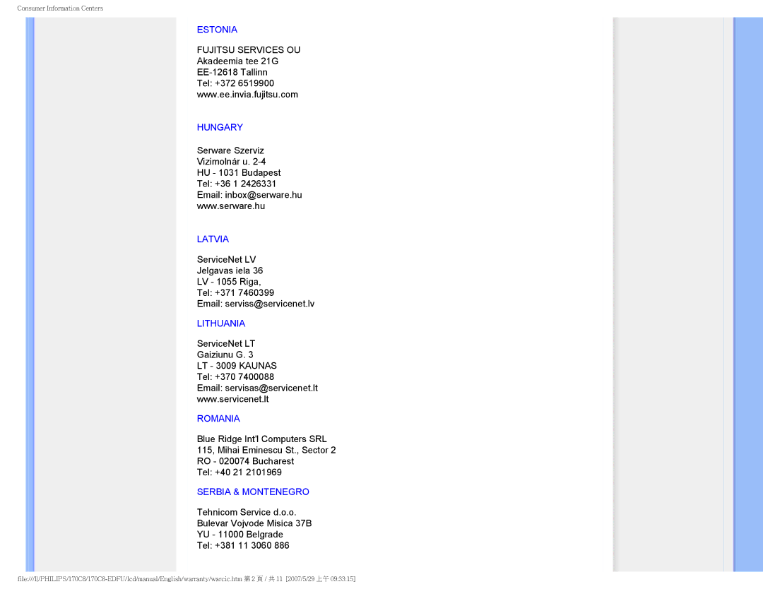 Philips 170C8 user manual Estonia, Hungary, Latvia, Lithuania, Romania, Serbia & Montenegro 