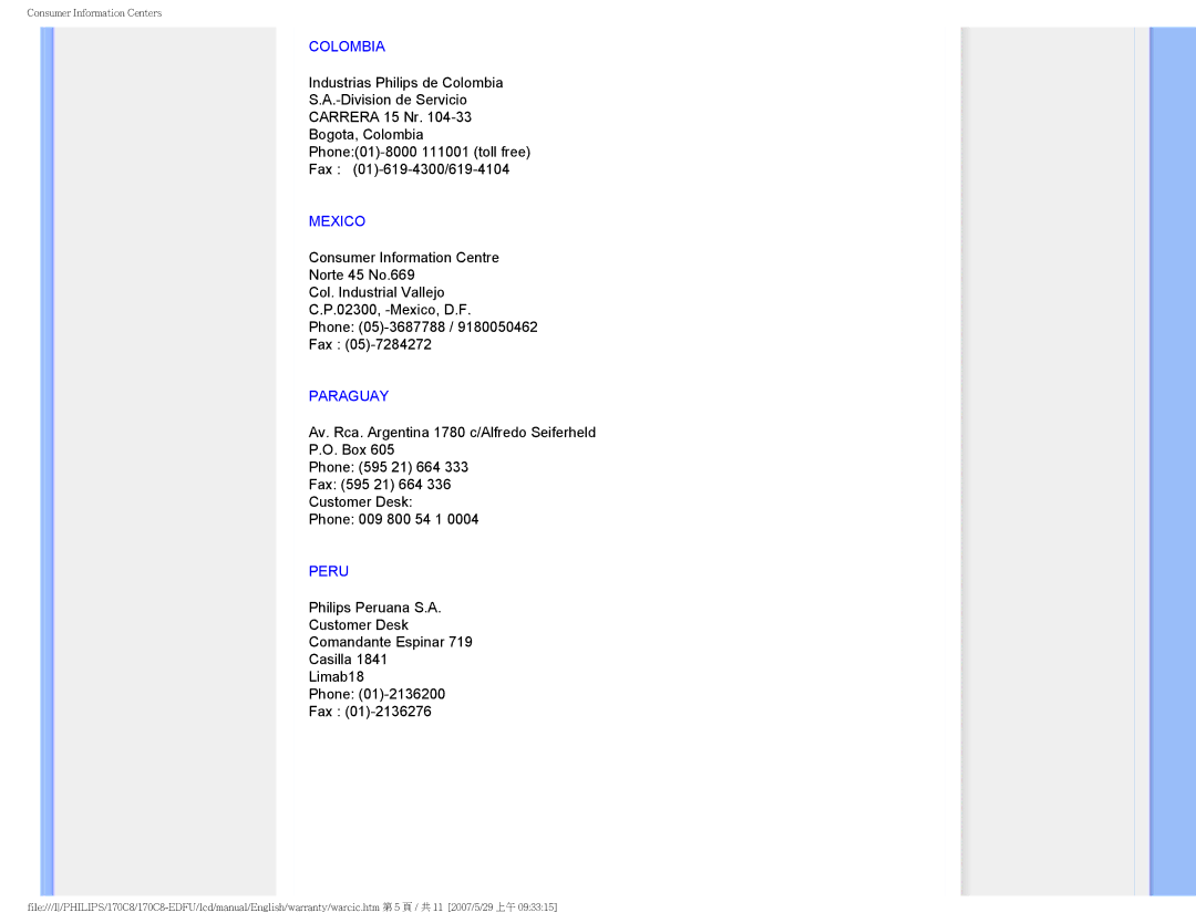 Philips 170C8 user manual Colombia, Mexico, Paraguay, Peru 