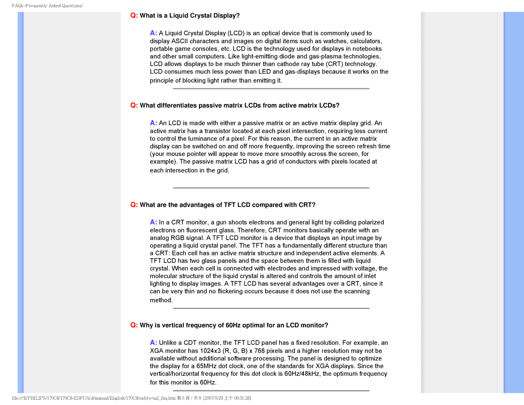 Philips 170C8 user manual What is a Liquid Crystal Display?, What are the advantages of TFT LCD compared with CRT? 