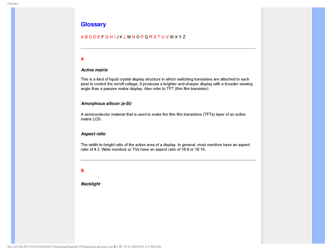 Philips 170C8 user manual Glossary, Active matrix, Amorphous silicon a-Si, Aspect ratio, Backlight 