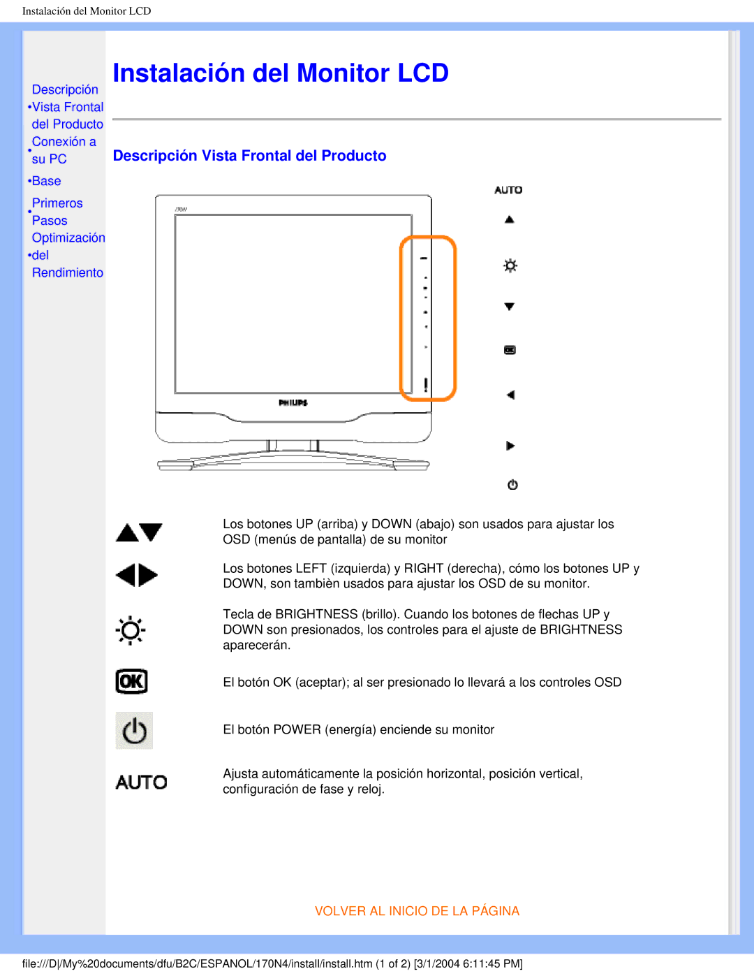 Philips 170N4 user manual Instalación del Monitor LCD, Descripción Vista Frontal del Producto 