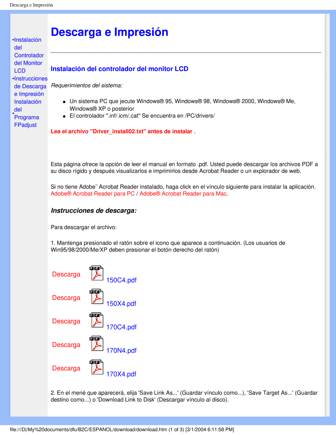 Philips 170N4 user manual Descarga e Impresión, Instalación del controlador del monitor LCD 