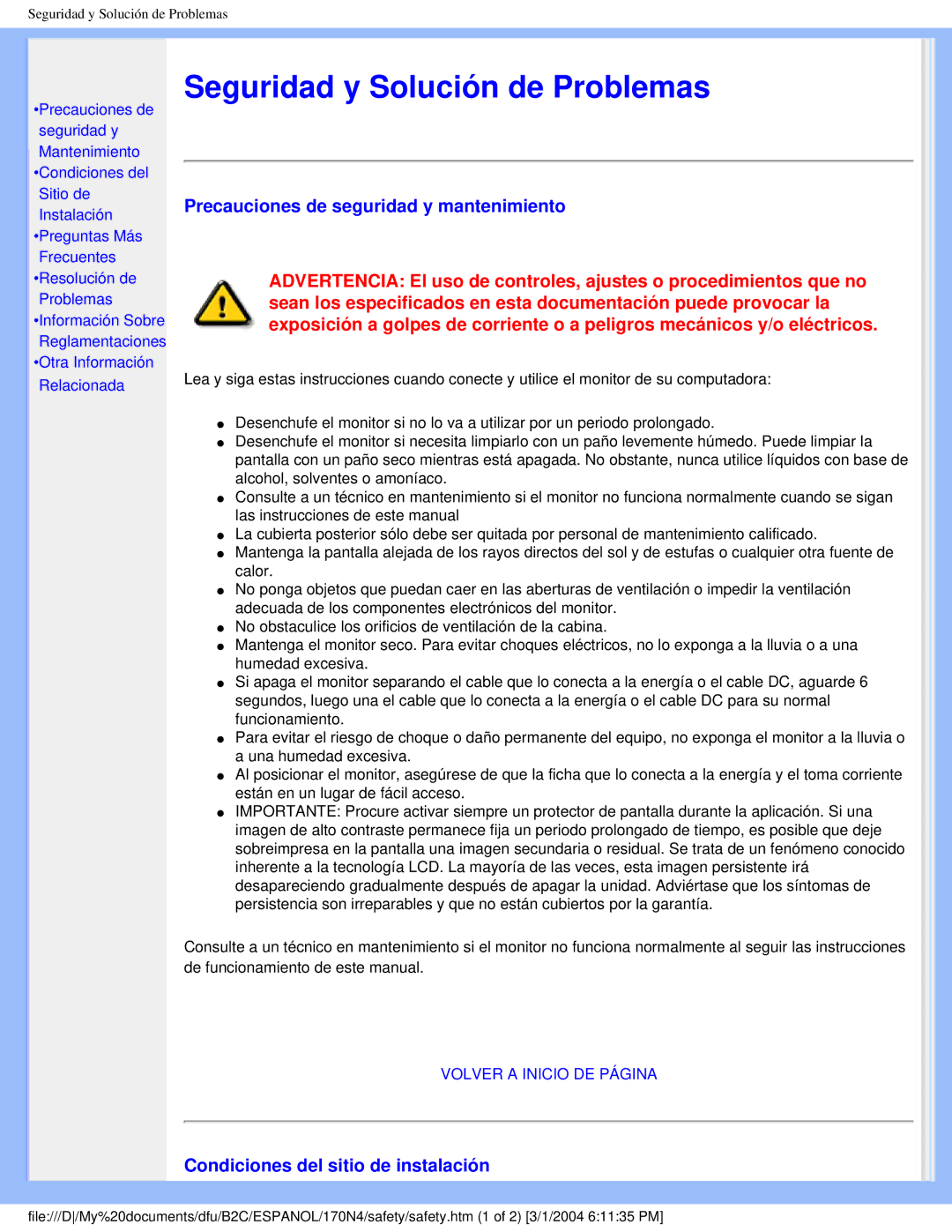 Philips 170N4 user manual Precauciones de seguridad y mantenimiento, Condiciones del sitio de instalación 