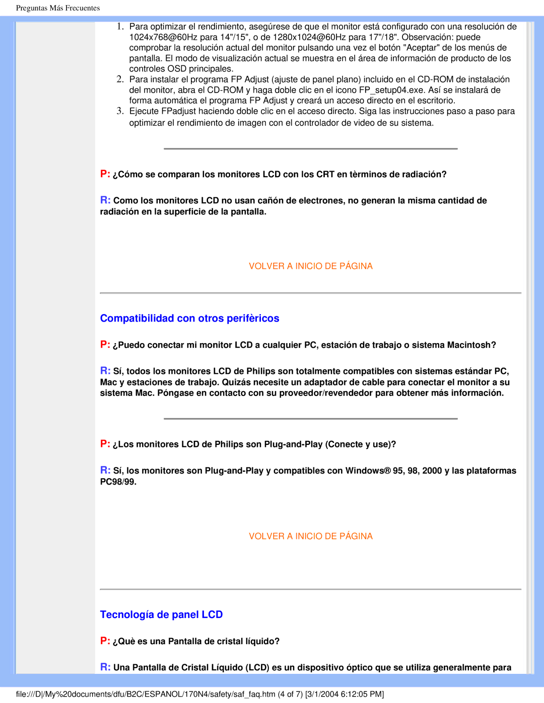 Philips 170N4 user manual Compatibilidad con otros perifèricos, Tecnología de panel LCD 