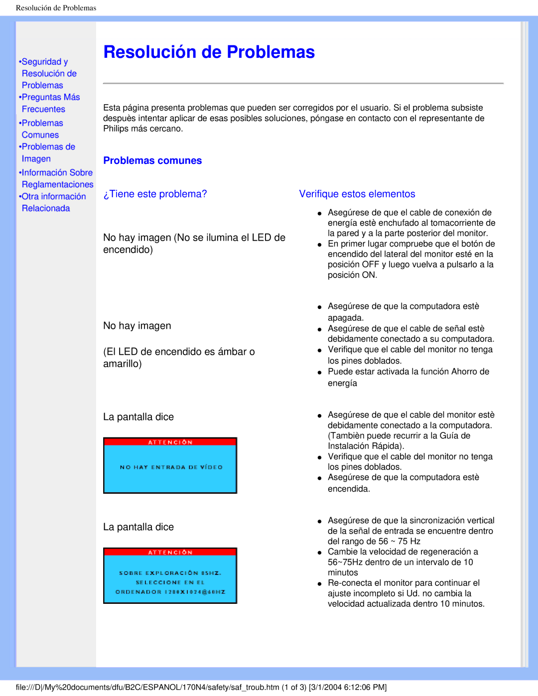 Philips 170N4 user manual Resolución de Problemas, Problemas comunes 