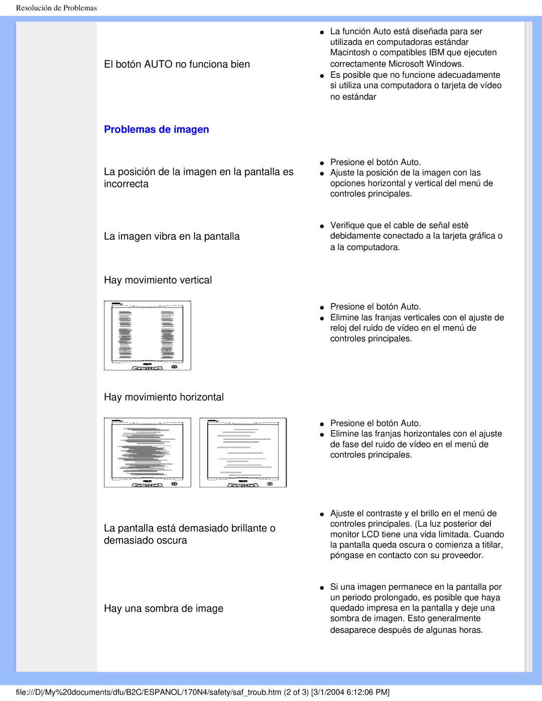 Philips 170N4 user manual Problemas de imagen, Hay movimiento horizontal 