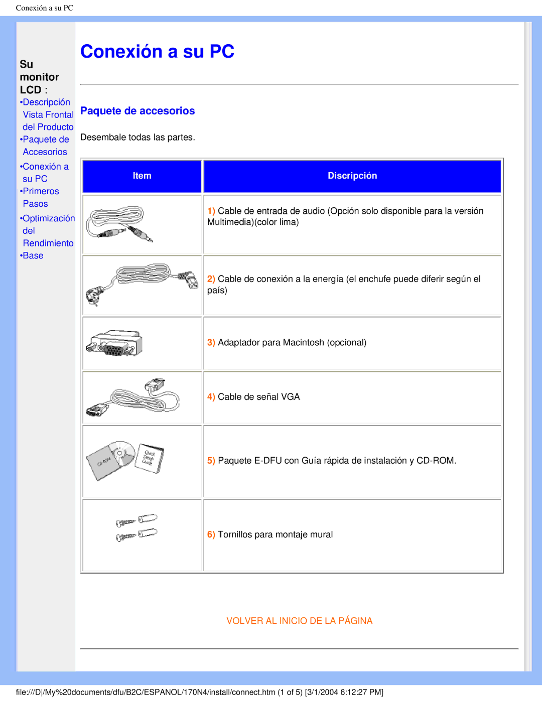 Philips 170N4 user manual Conexión a su PC, Paquete de accesorios 