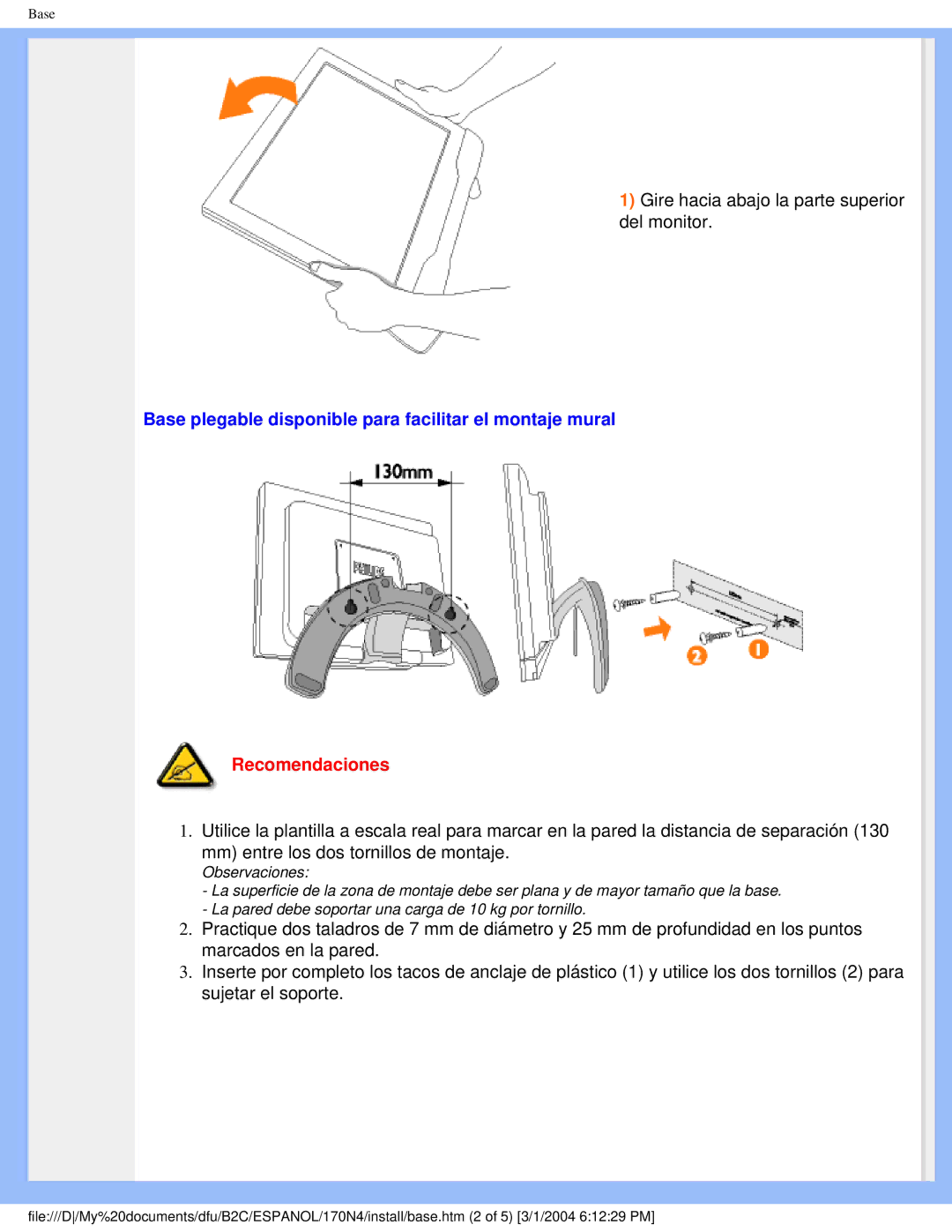 Philips 170N4 user manual Base plegable disponible para facilitar el montaje mural, Recomendaciones 