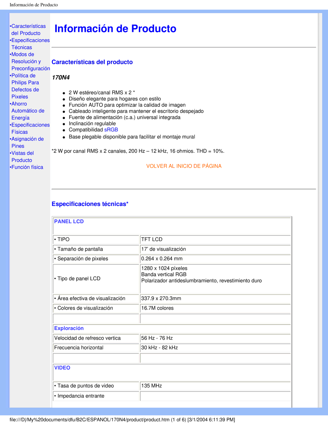 Philips 170N4 user manual Características del producto, Especificaciones técnicas 