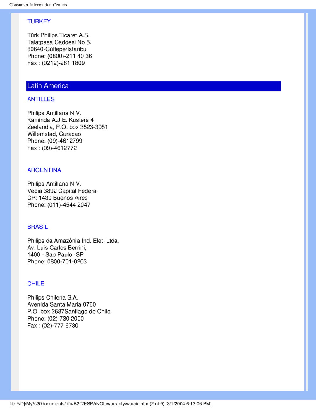 Philips 170N4 user manual Turkey, Antilles, Argentina, Brasil, Chile 